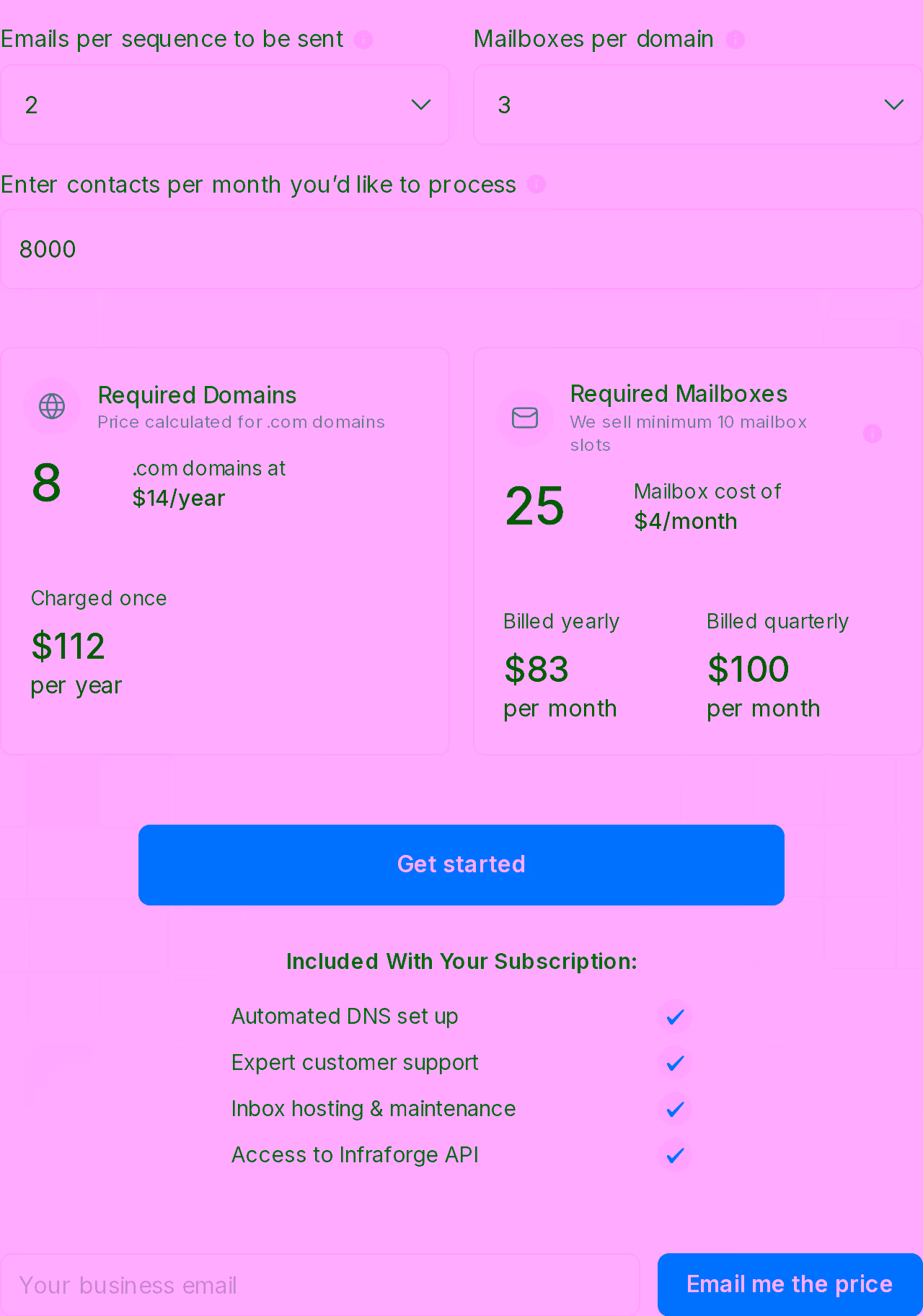 Infraforge pricing calculator showing 25 mailboxes at $4 per month billed quarterly equals $100 per month, or $83 per month billed yearly