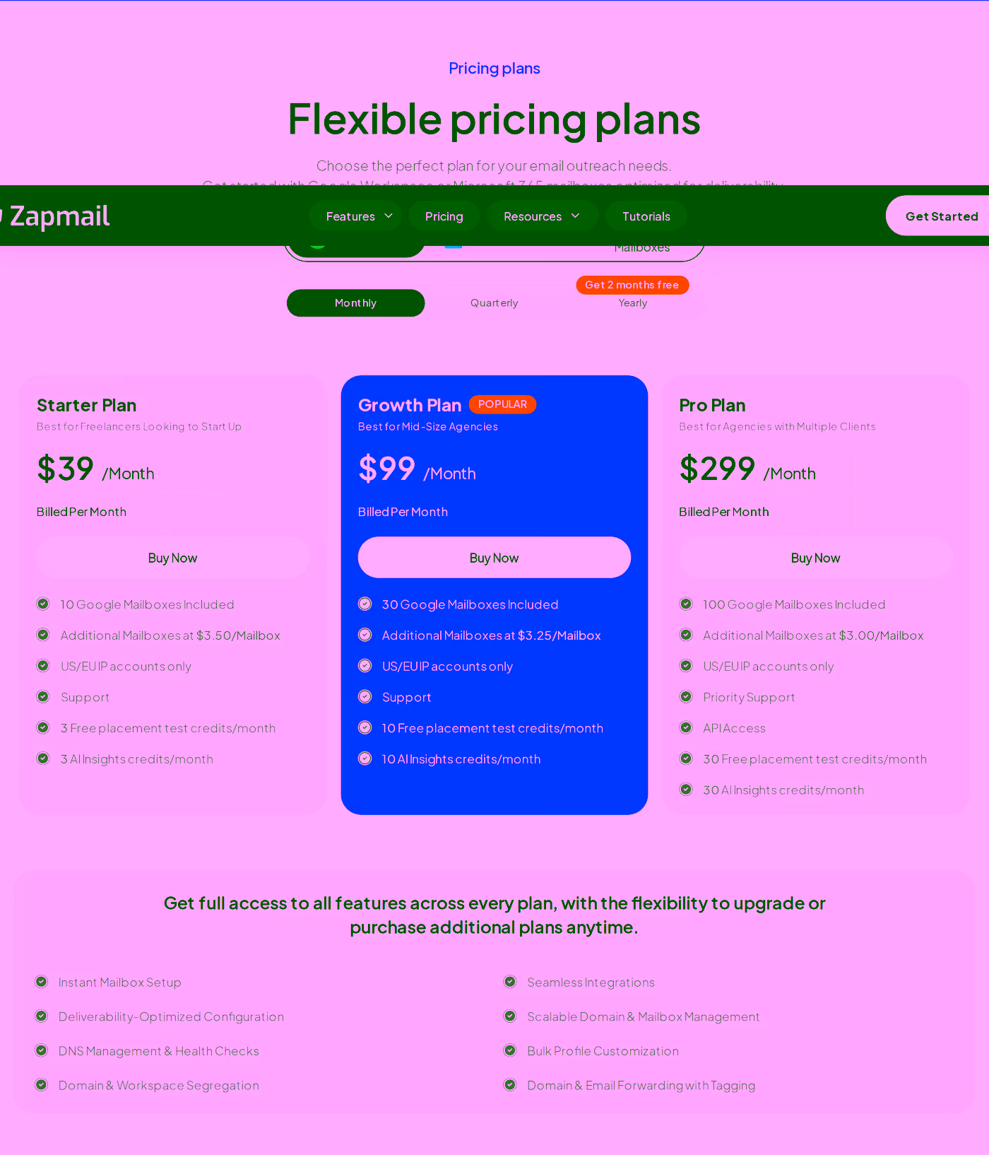 Zapmail pricing plans showing Starter at $39/month for 10 mailboxes, Growth at $99 for 30 mailboxes, Pro at $299 for 100 mailboxes