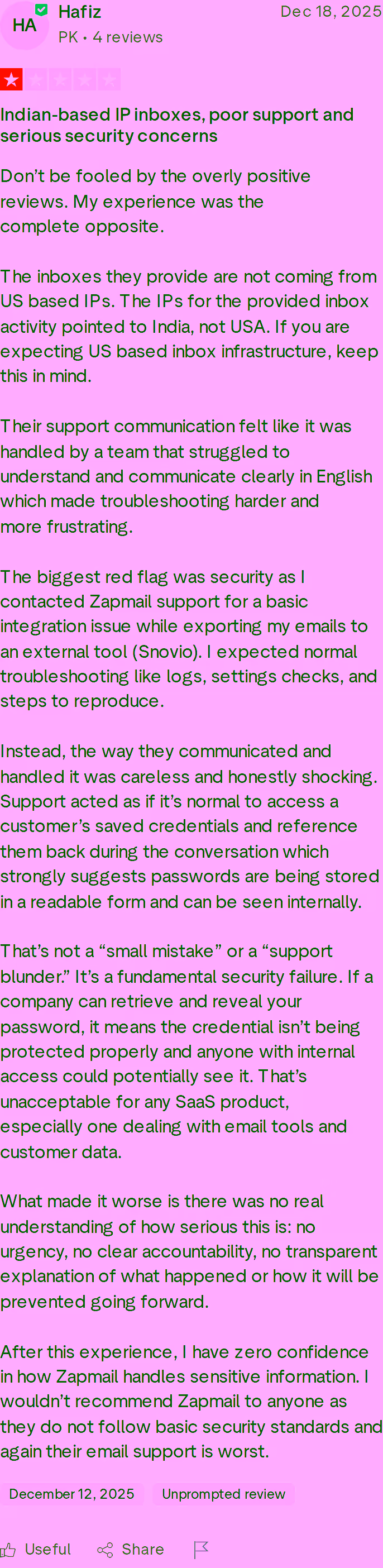 One-star Trustpilot review of Zapmail describing Indian-based IP addresses despite US marketing claims, security concerns, and language barriers with support