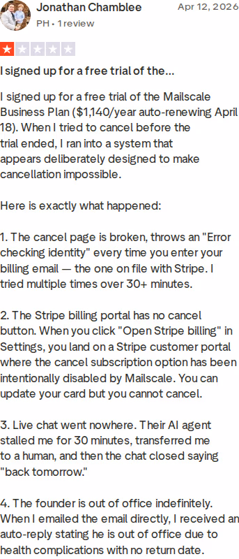 Critical Trustpilot review of Mailscale describing a billing dispute over a $1,140 plan and broken cancellation flow