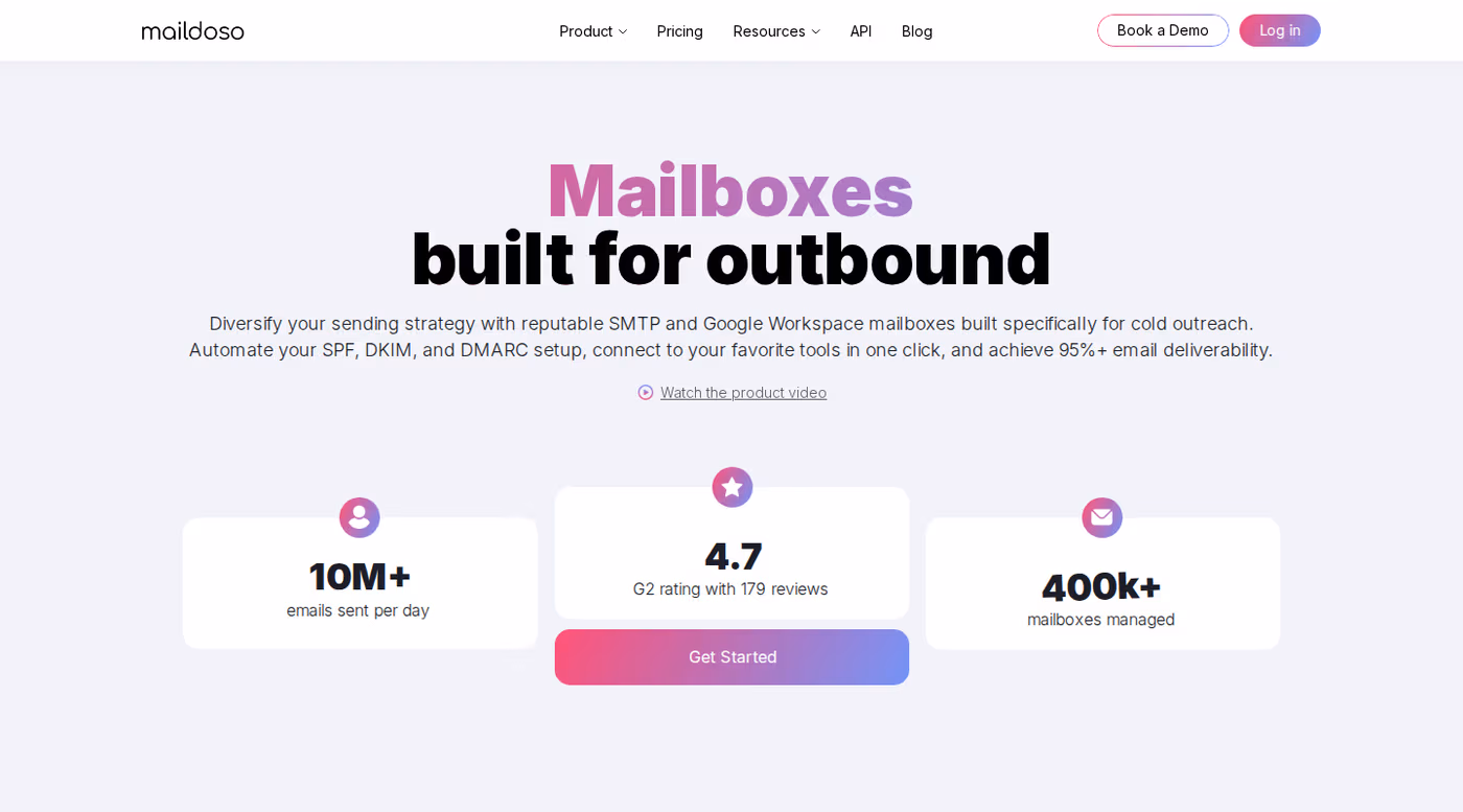 Maildoso homepage hero - mailboxes built for outbound