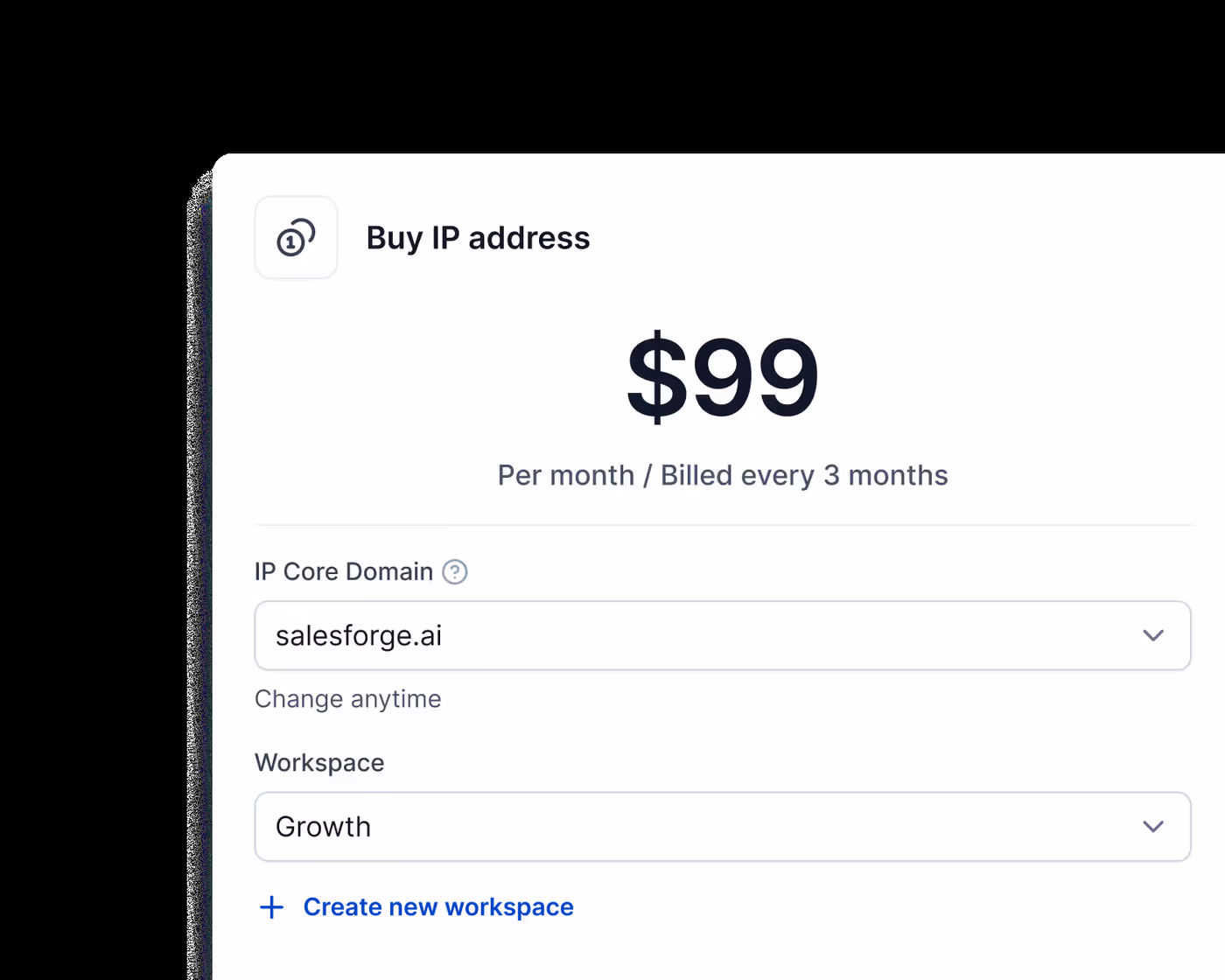 Infraforge in-product view: Buy IP address at $99/month - the actual dedicated IP product