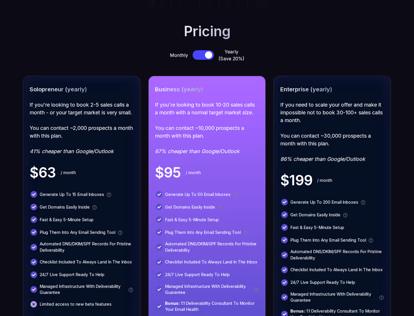 Mailscale pricing cards - Solopreneur, Business, Enterprise plans