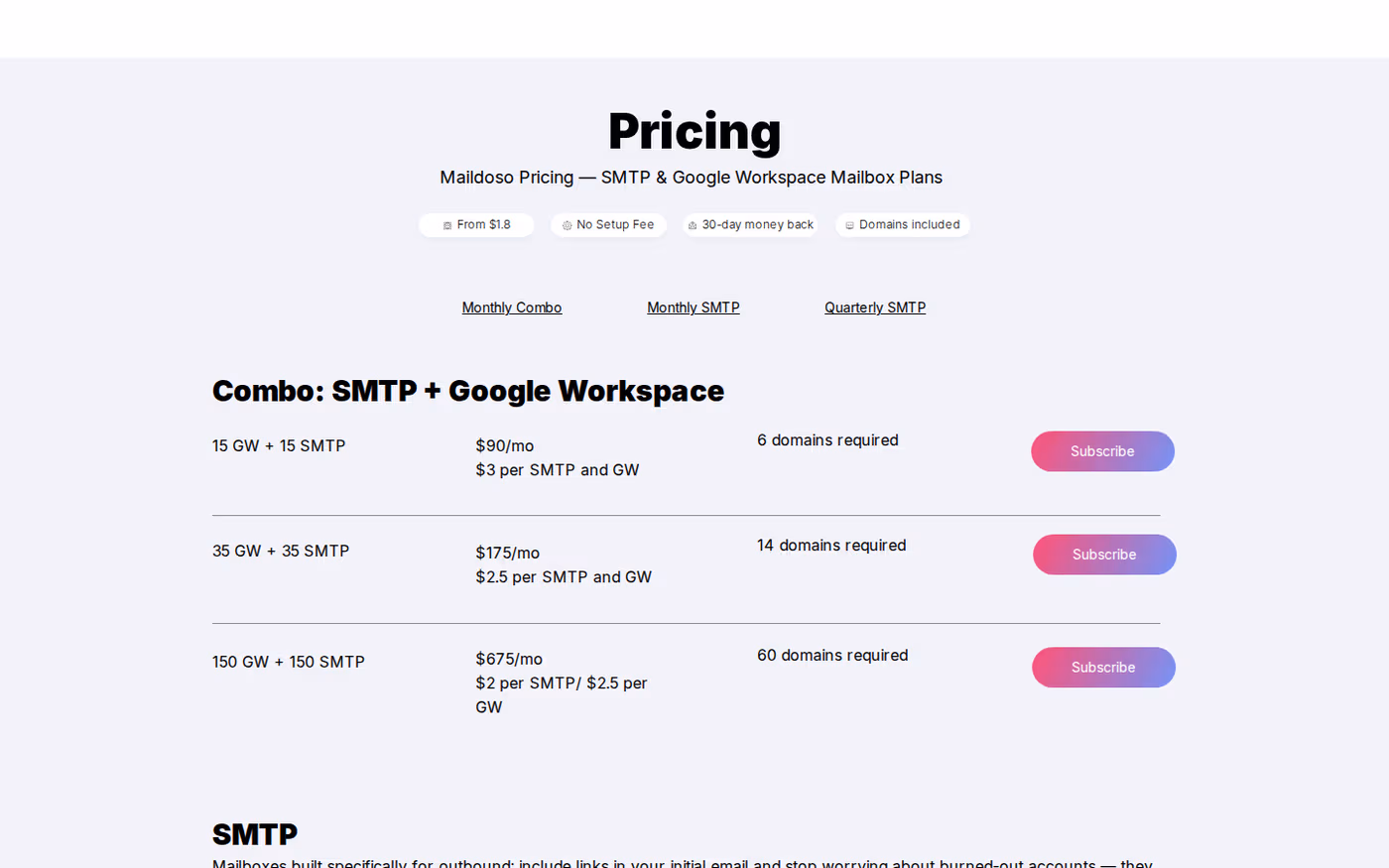 Maildoso pricing tiers - SMTP and Google Workspace combo plans