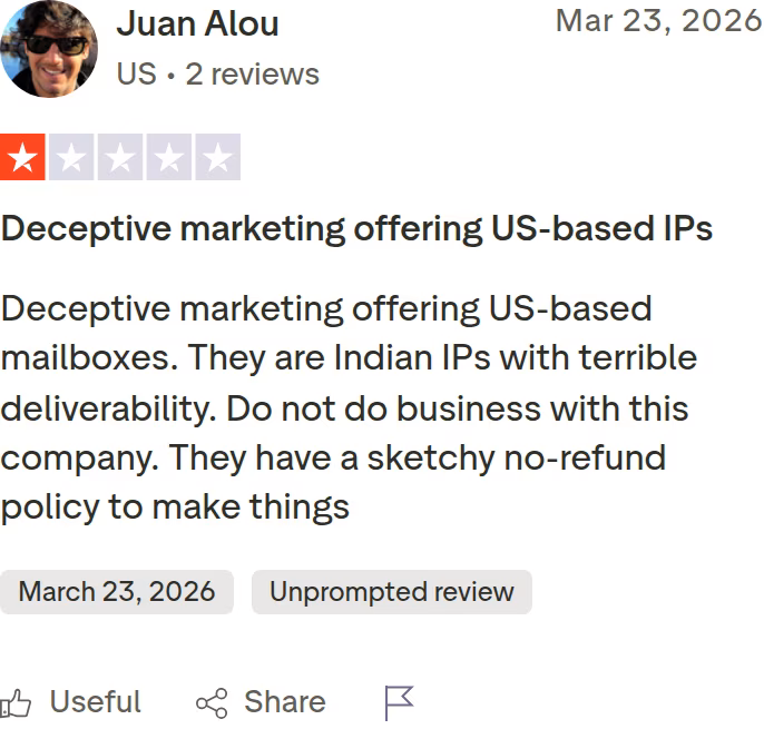 Trustpilot 1-star review from Juan Alou (Mar 23, 2026) titled 'Deceptive marketing offering US-based IPs'