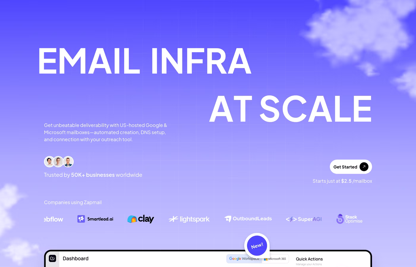 Zapmail homepage showing 'Email Infra At Scale' tagline