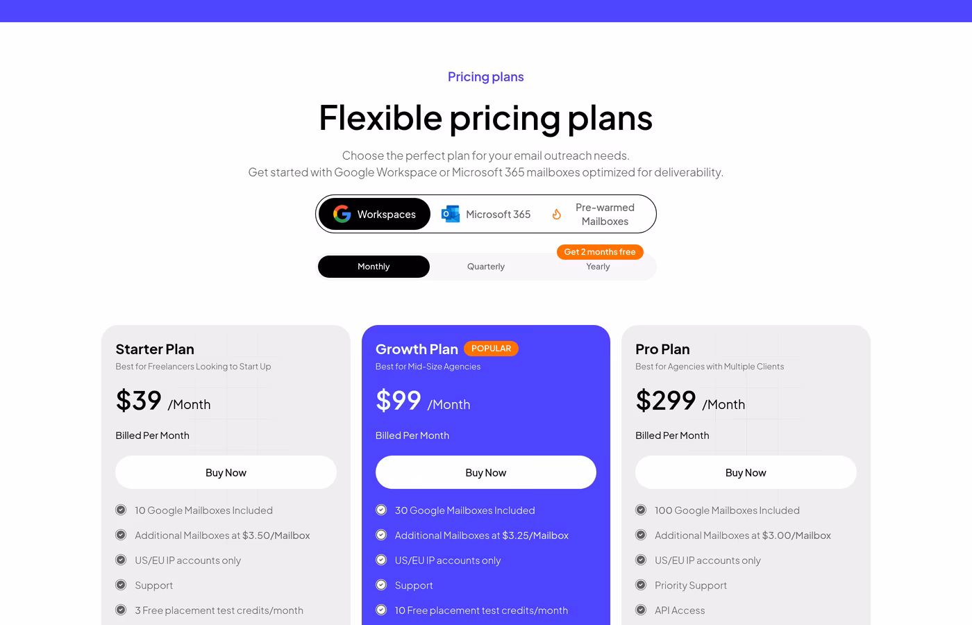Zapmail pricing page showing Starter $39, Growth $99, Pro $299 plans
