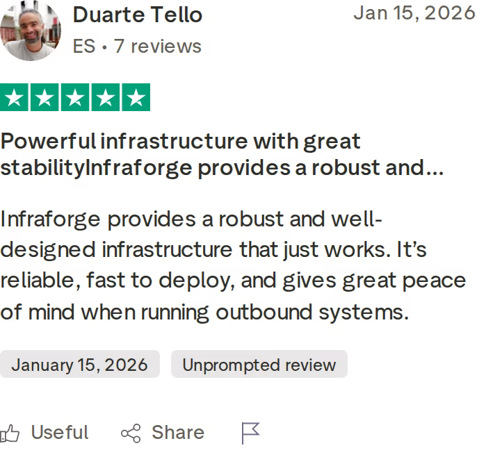 Five-star Trustpilot review of Infraforge from Duarte Tello praising stability and fast deployment, January 2026