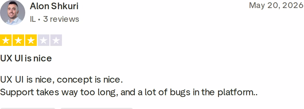 Three-star Trustpilot review of Zapmail by Alon Shkuri, May 2026, praising the UX but citing slow support and platform bugs