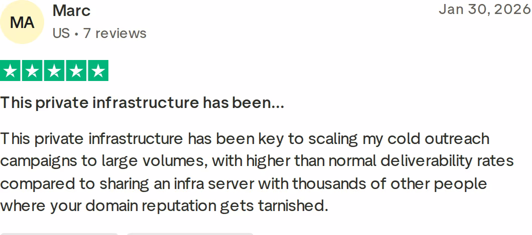 Five-star Trustpilot review of Infraforge by Marc, January 2026, on scaling cold outreach with higher deliverability than sharing an infrastructure server