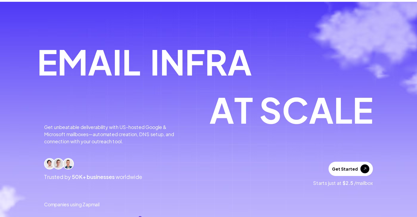 Zapmail homepage hero with the headline Email Infra At Scale and US-hosted Google and Microsoft mailbox positioning
