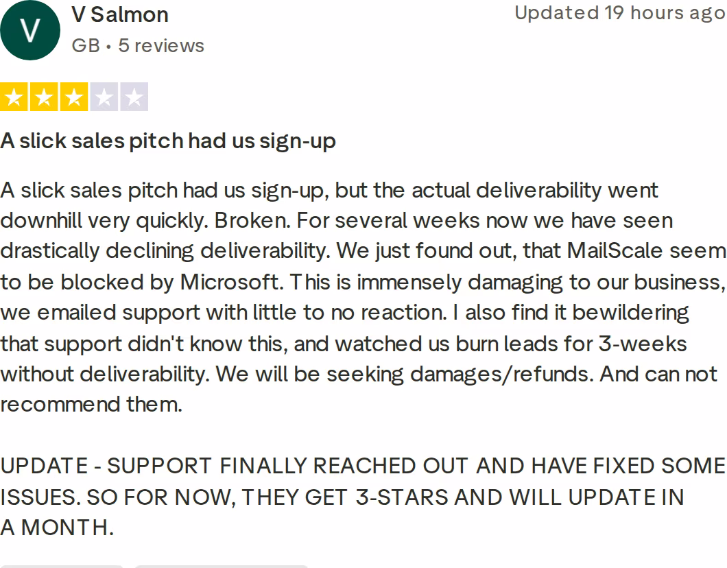 Three-star Trustpilot review of Mailscale by V Salmon, updated June 2026, describing deliverability declining after weeks and domains blocked by Microsoft