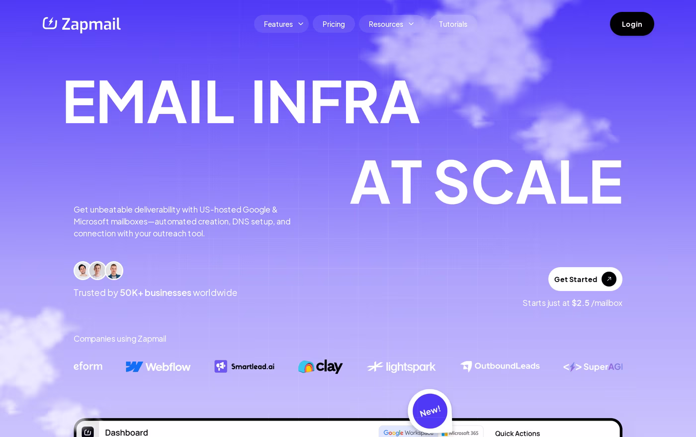 Zapmail homepage showing email infrastructure at scale with Google and Microsoft mailboxes