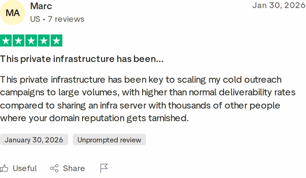 Five-star Infraforge Trustpilot review from Marc about private infrastructure scaling cold outreach with higher deliverability