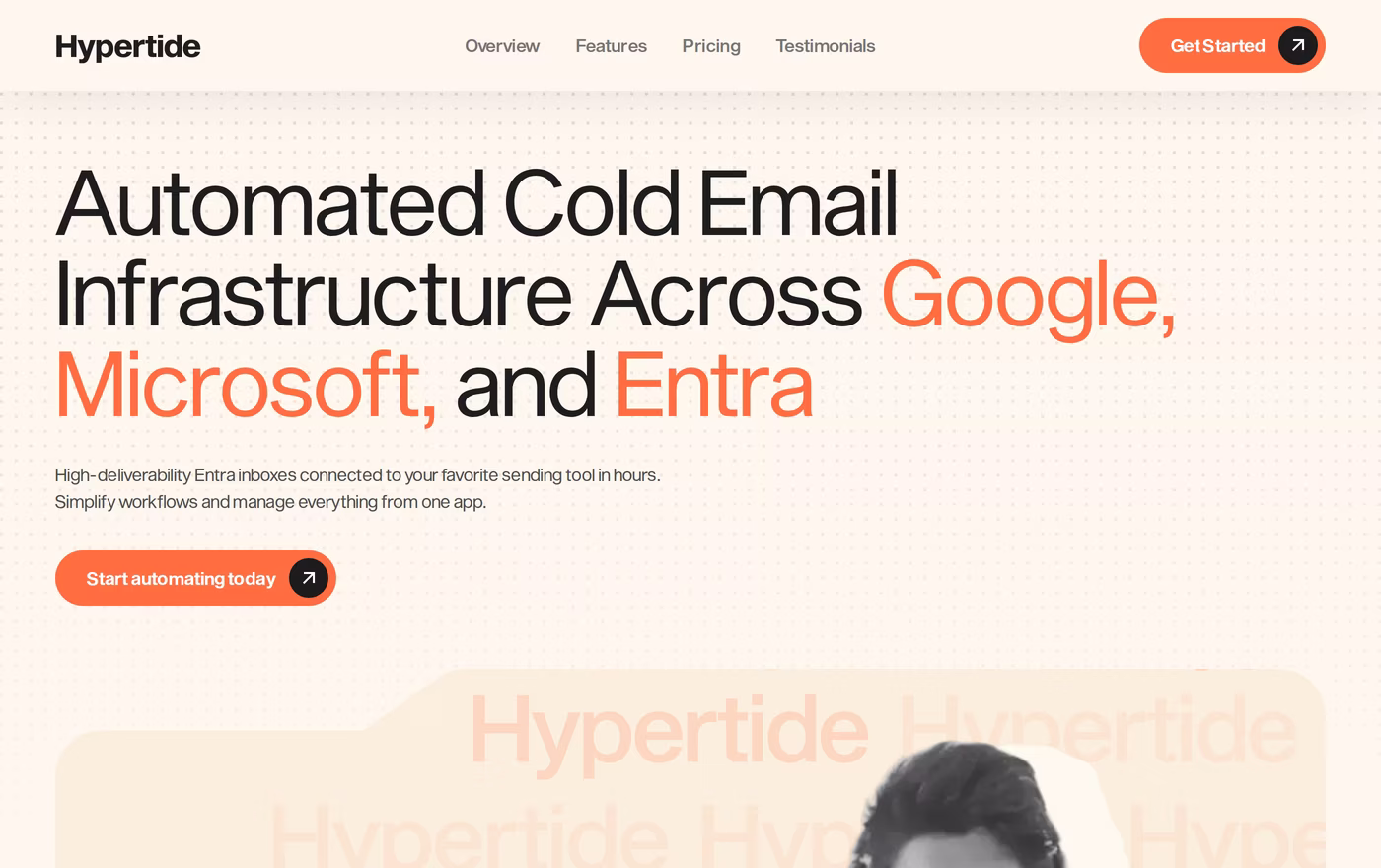 Hypertide homepage describing automated cold email infrastructure across Google, Microsoft, and Entra
