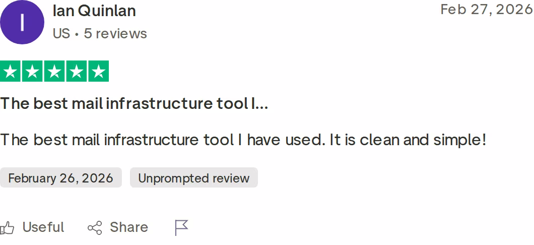 Five-star Infraforge Trustpilot review from Ian Quinlan calling it the best mail infrastructure tool he has used