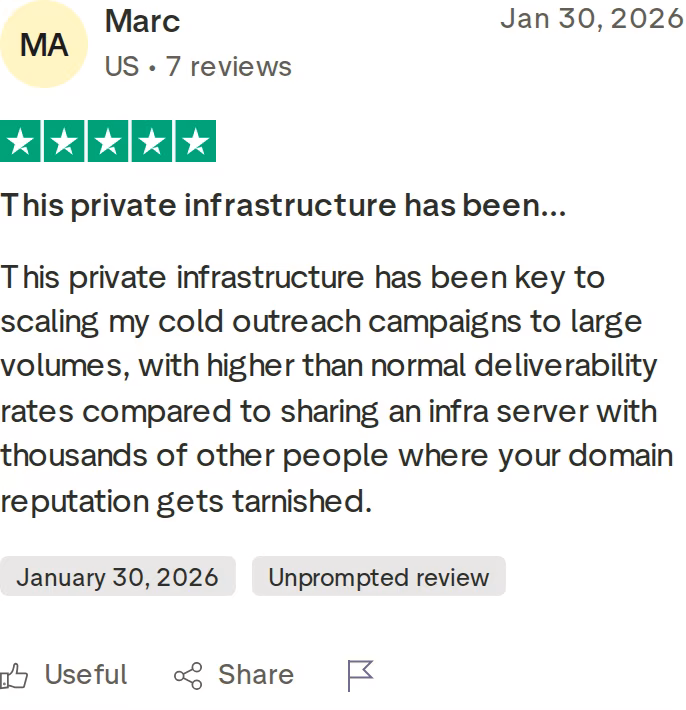 Five-star Infraforge Trustpilot review about private infrastructure and higher deliverability than shared servers