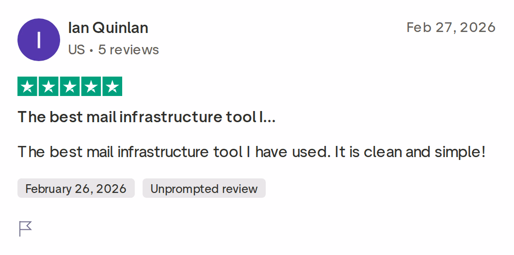 A 5-star Trustpilot review calling Infraforge the best mail infrastructure tool, clean and simple