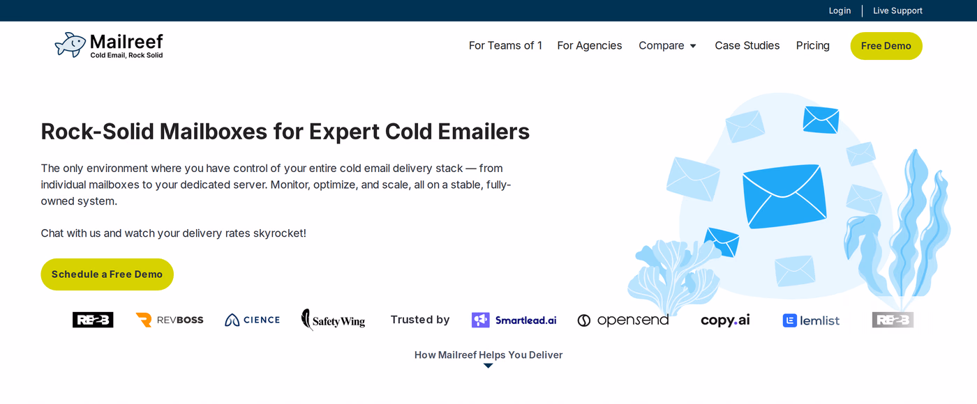 Mailreef homepage showing dedicated cold email mailboxes for expert cold emailers