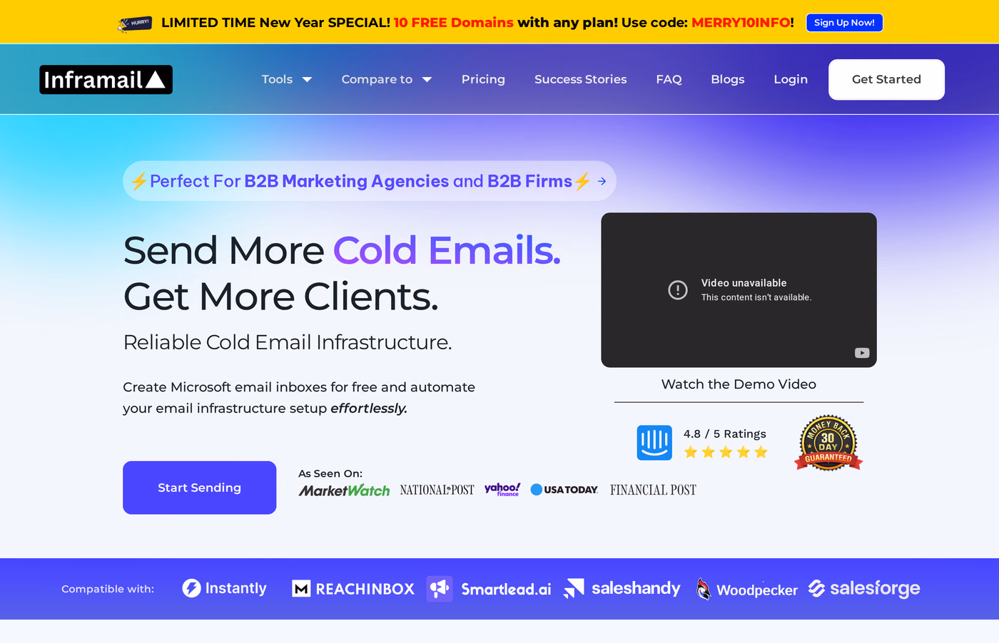 Inframail homepage advertising reliable Microsoft-backed cold email infrastructure