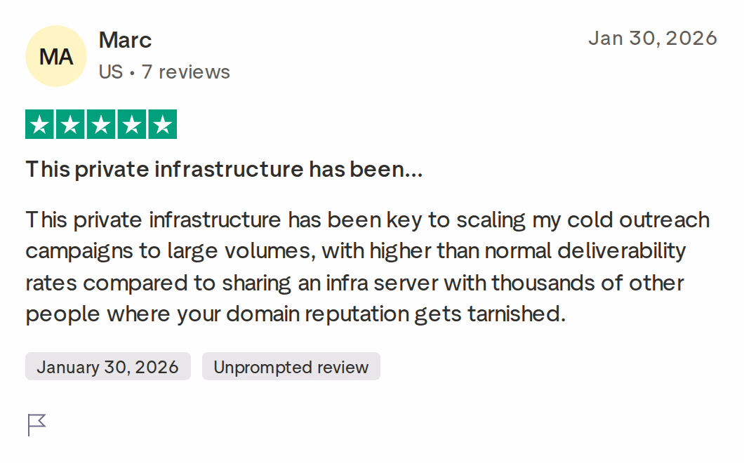 A 5-star Trustpilot review praising Infraforge private infrastructure for higher deliverability at scale