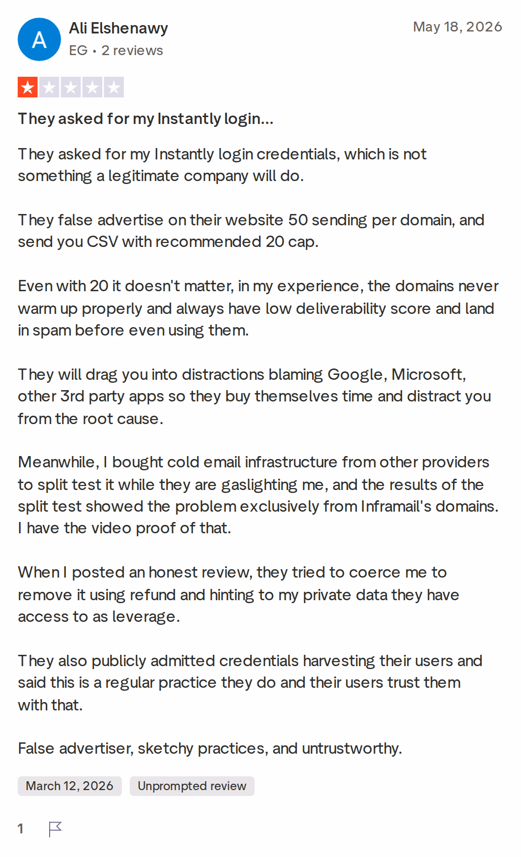 A 1-star Trustpilot review of Inframail dated May 2026 describing warm-up and sending-cap concerns