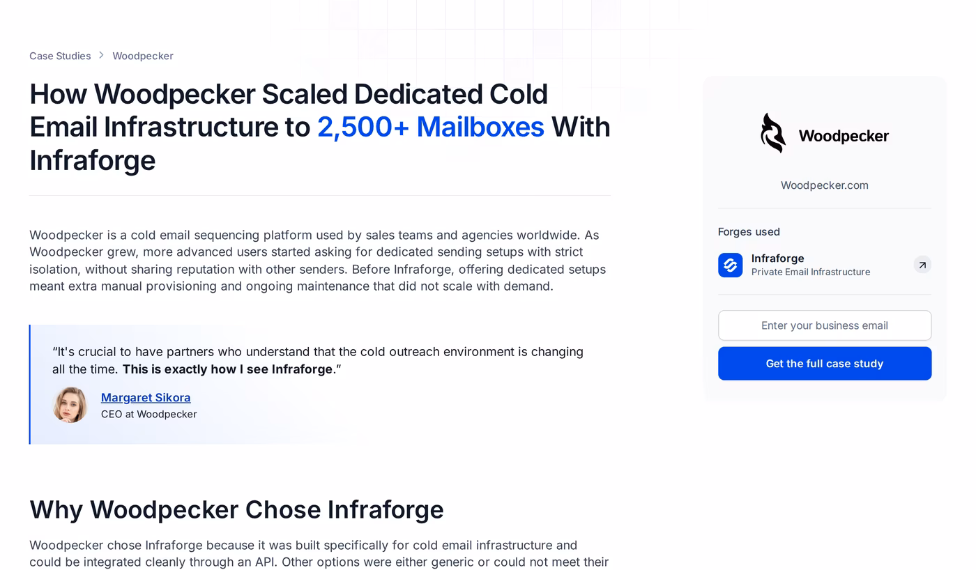 Infraforge case study: Woodpecker scaled to 2,500-plus dedicated cold email mailboxes with 100 percent API uptime