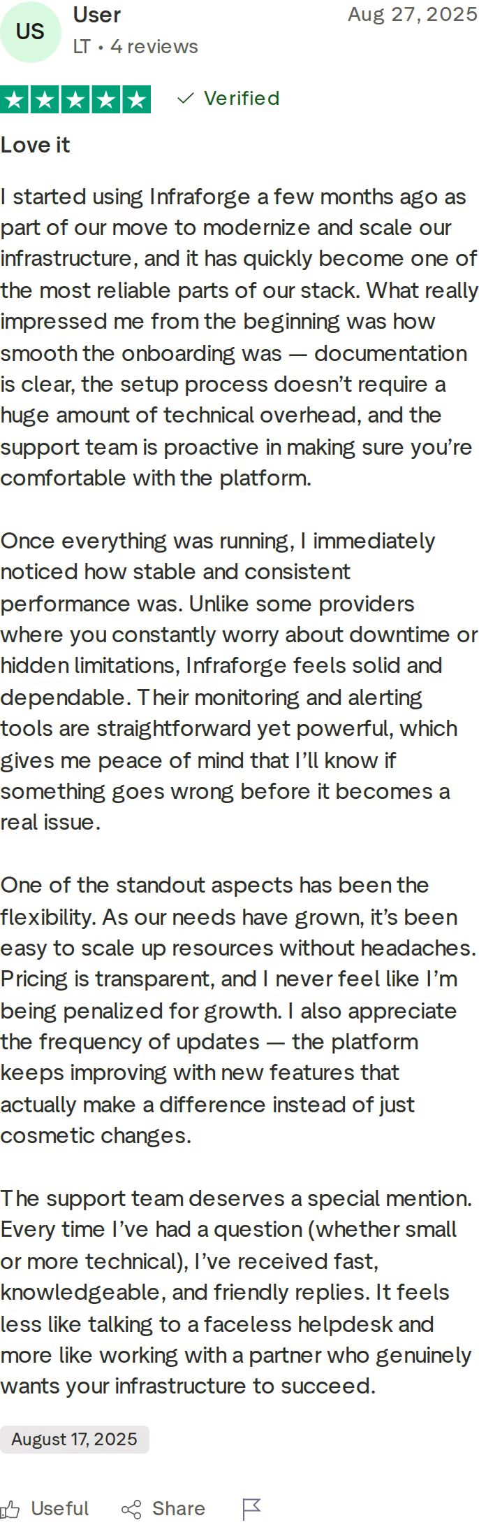 Five-star Trustpilot review of Infraforge praising onboarding, stability, and transparent pricing