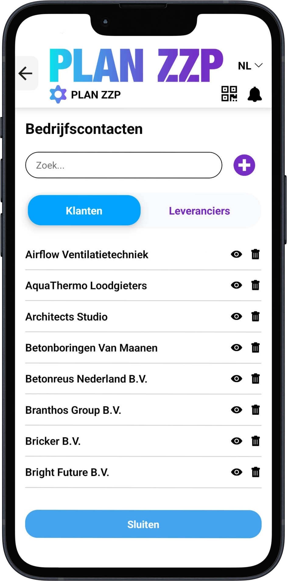Relatiebeheer met PLAN ZZP. Klanten en leveranciers altijd bij de hand.