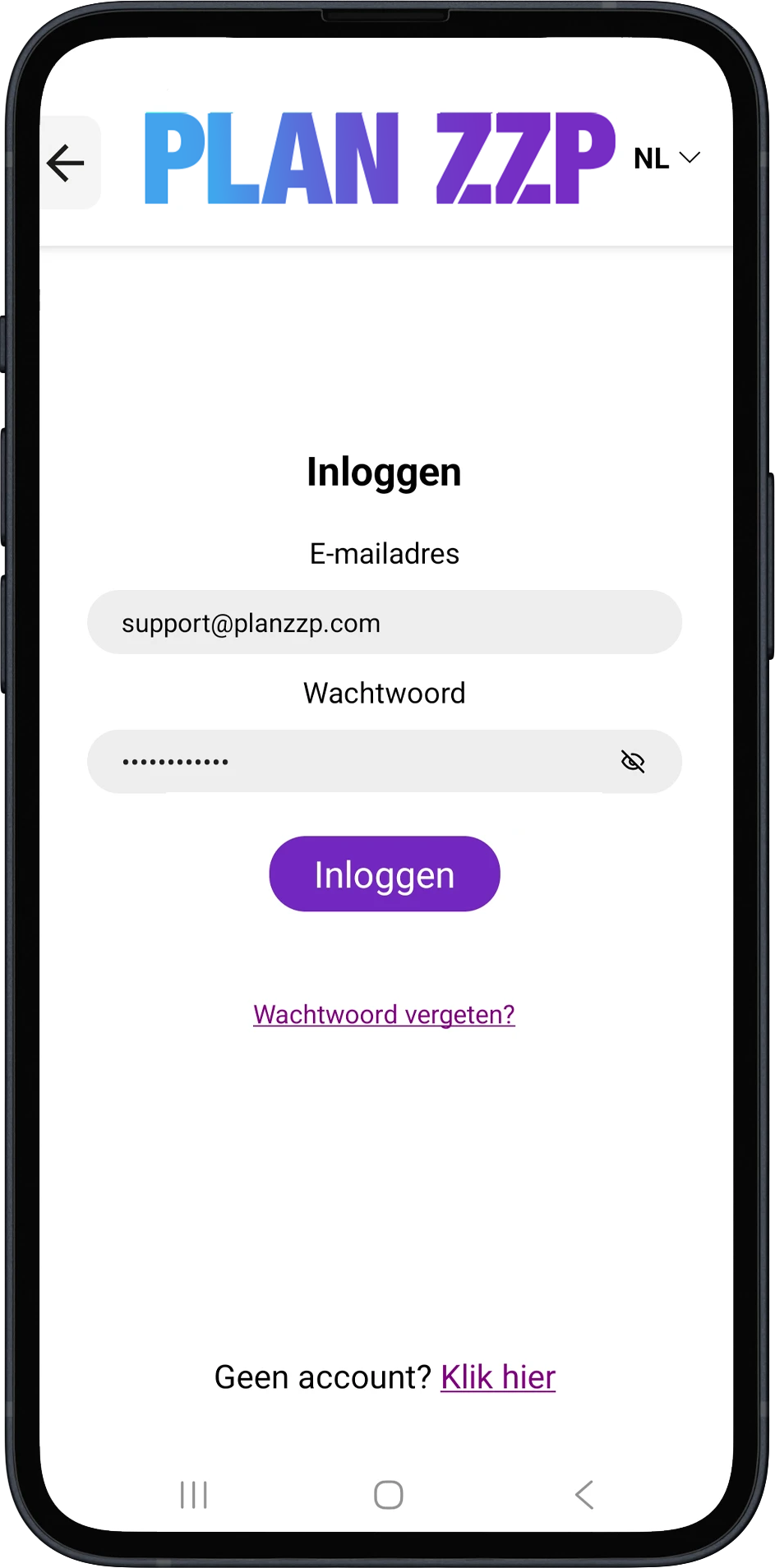 Wachtwoord vergeten - PLAN ZZP app