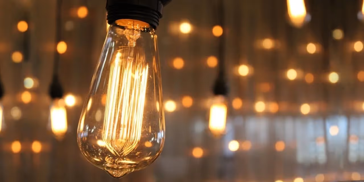 Incandescent lightbulbs hanging from ceiling.