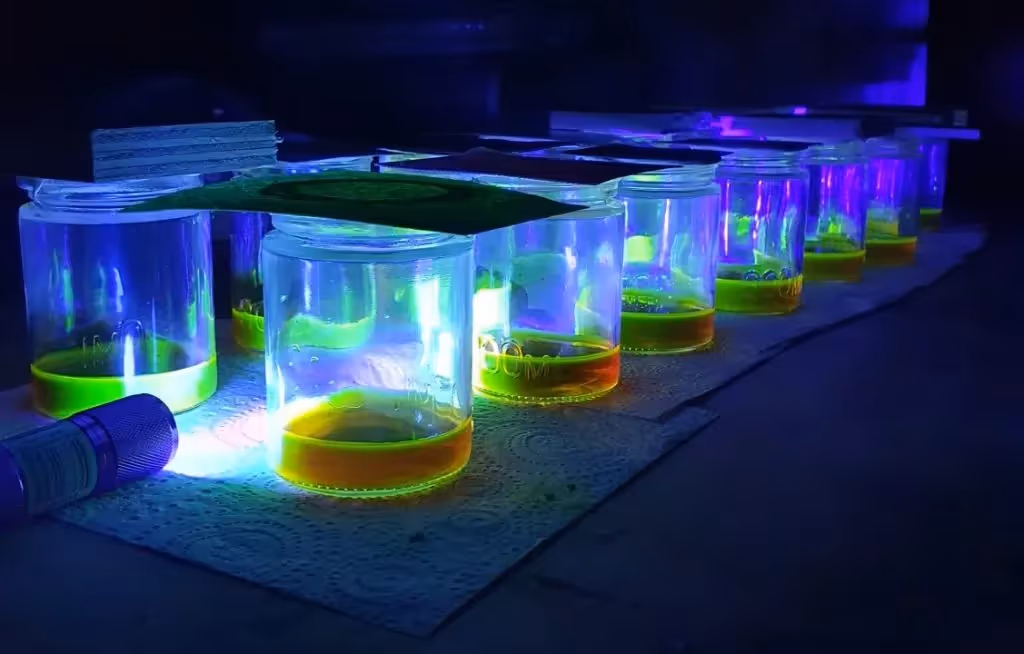 Flashlight shining on test tubes.