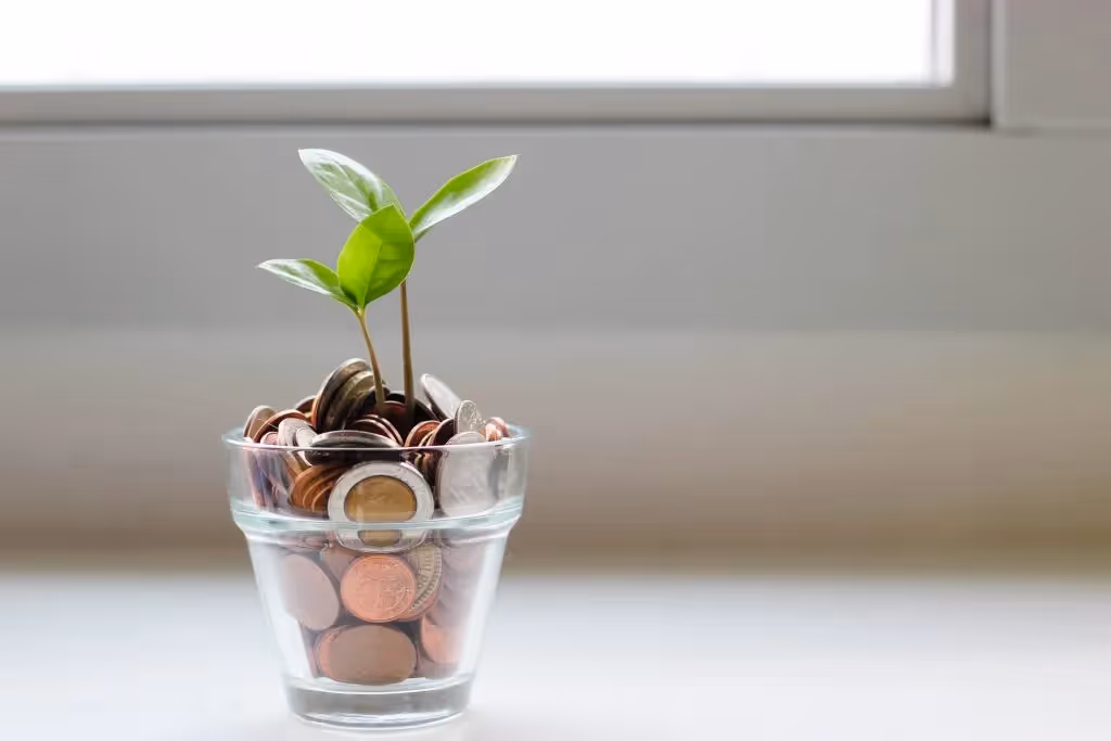 Plant growing out of glass filled with coins.