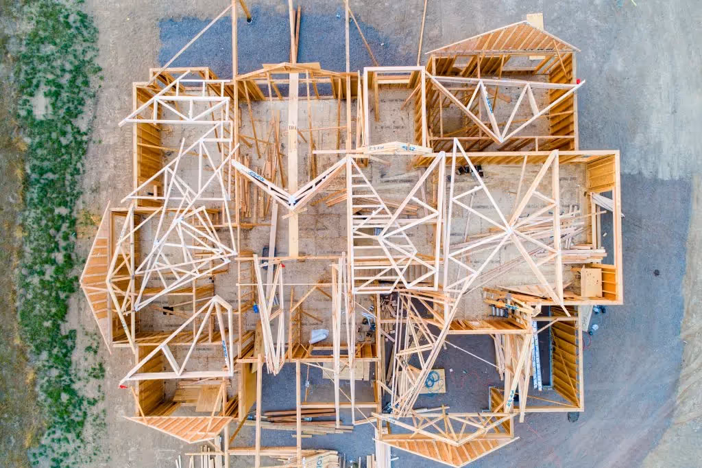 Areial view of house framing from above.