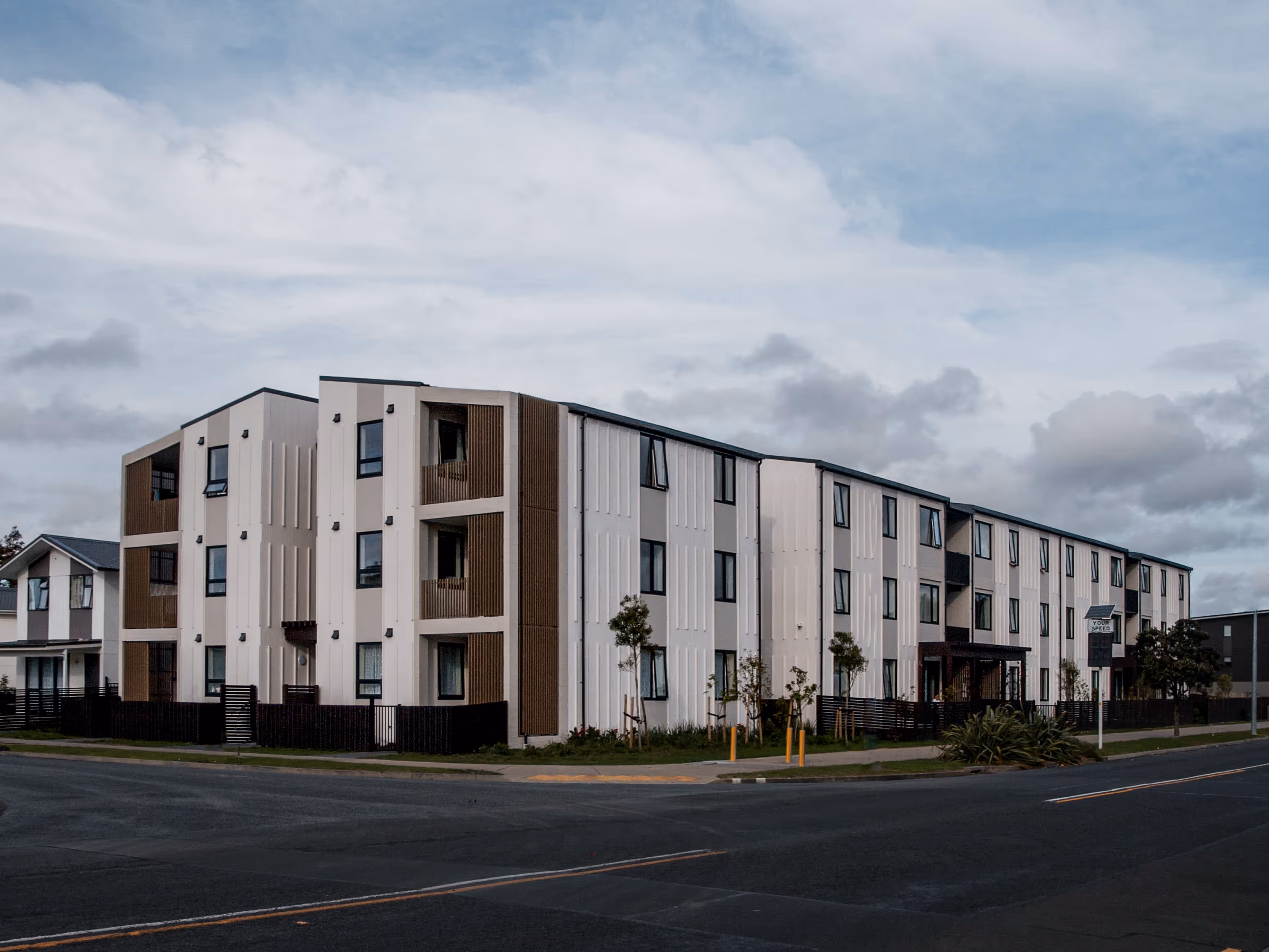 Bader Ventura – Kāinga Ora’s award-winning Passive House social housing development, a side-on view of the entire building.