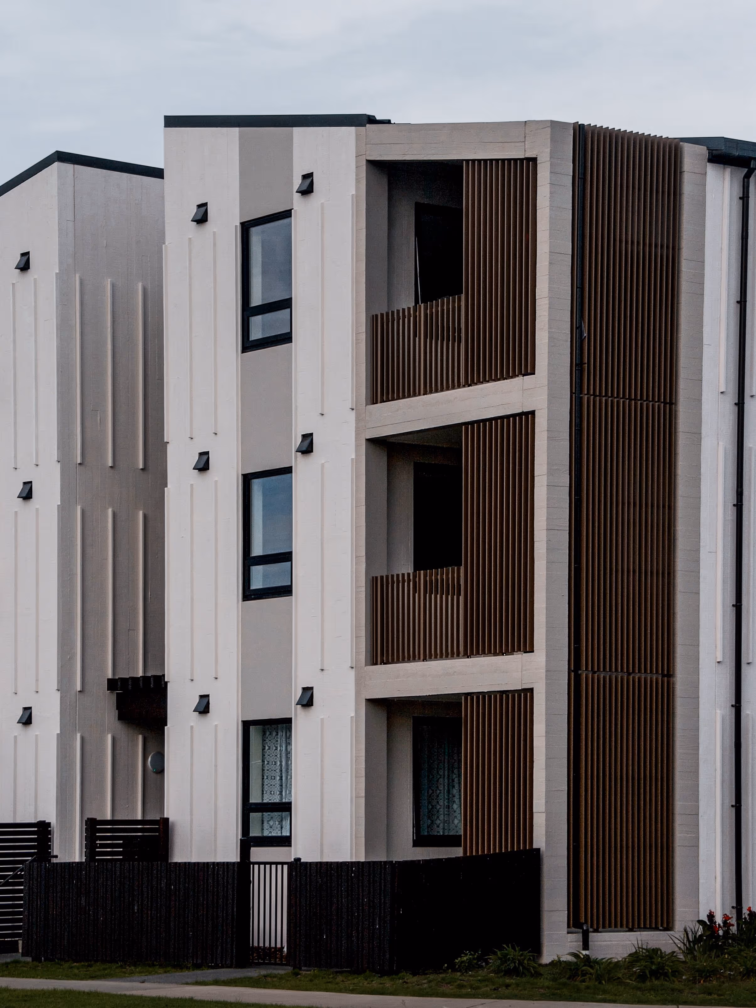 Close-up of Bader Ventura’s exterior, showcasing the building's Passive House design and sustainable construction details.
