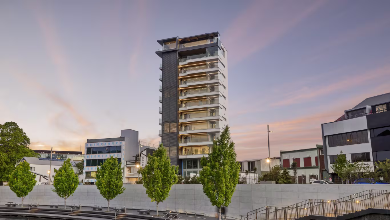 Exterior view of the completed Oxford Terrace building in Christchurch, showcasing the modernised façade and seismic retrofit work following earthquake remediation.