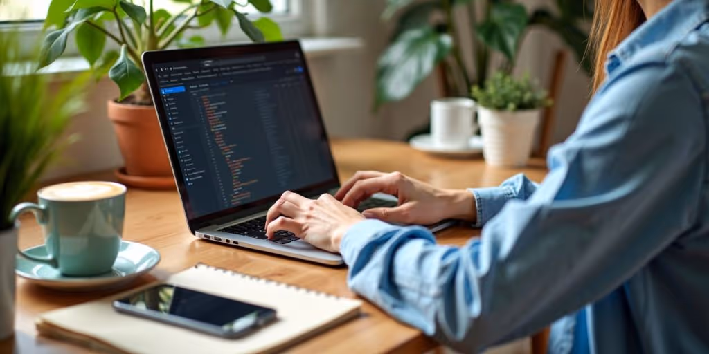 Person using laptop for affiliate marketing in a cozy home office.