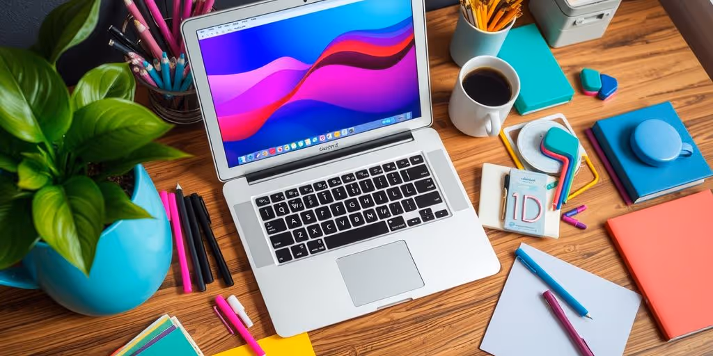 A workspace with a laptop, coffee, and colorful stationery.