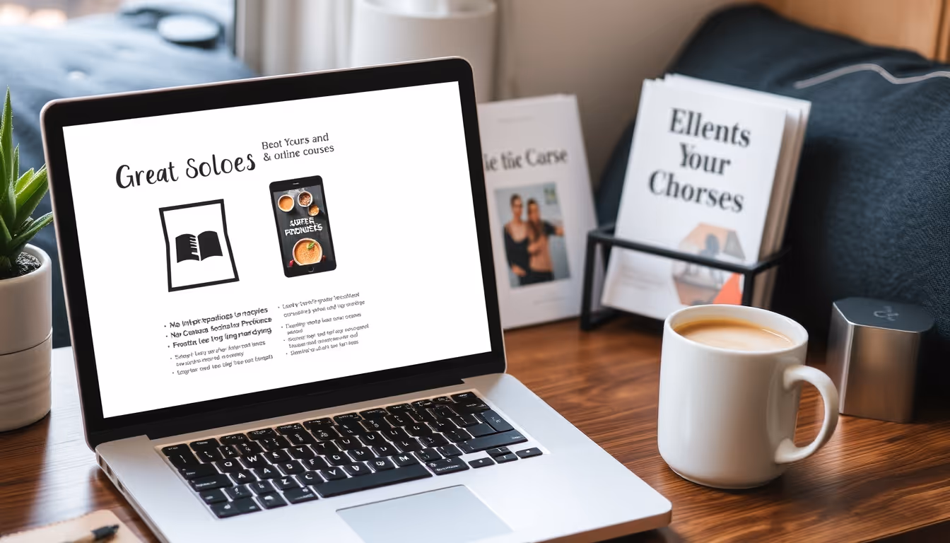 A workspace with a laptop and digital products.