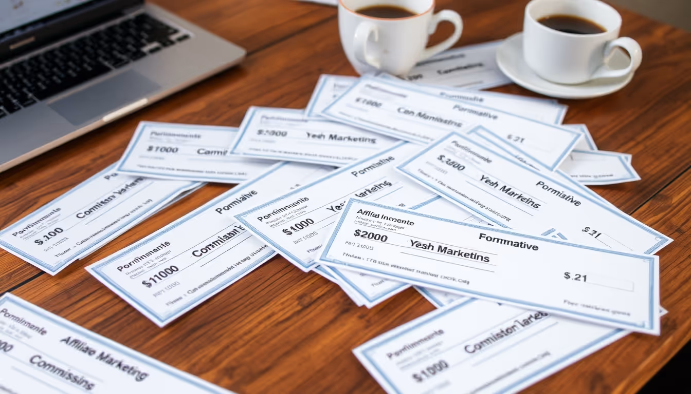 Commission checks representing success in affiliate marketing.