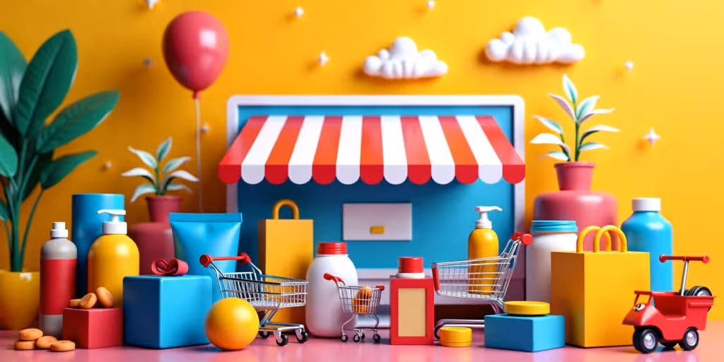 E-commerce products and shopping carts in a vibrant setting.