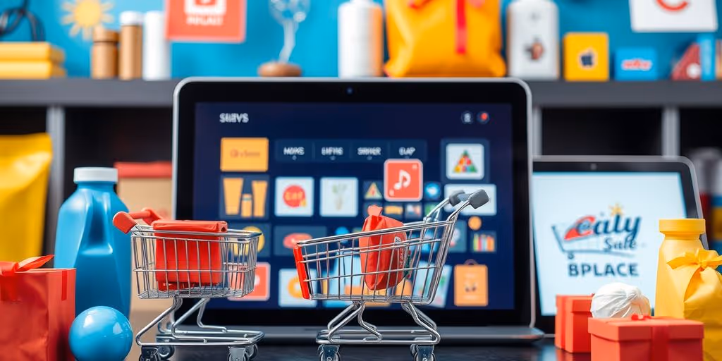 Colorful e-commerce products and shopping carts in a lively setting.