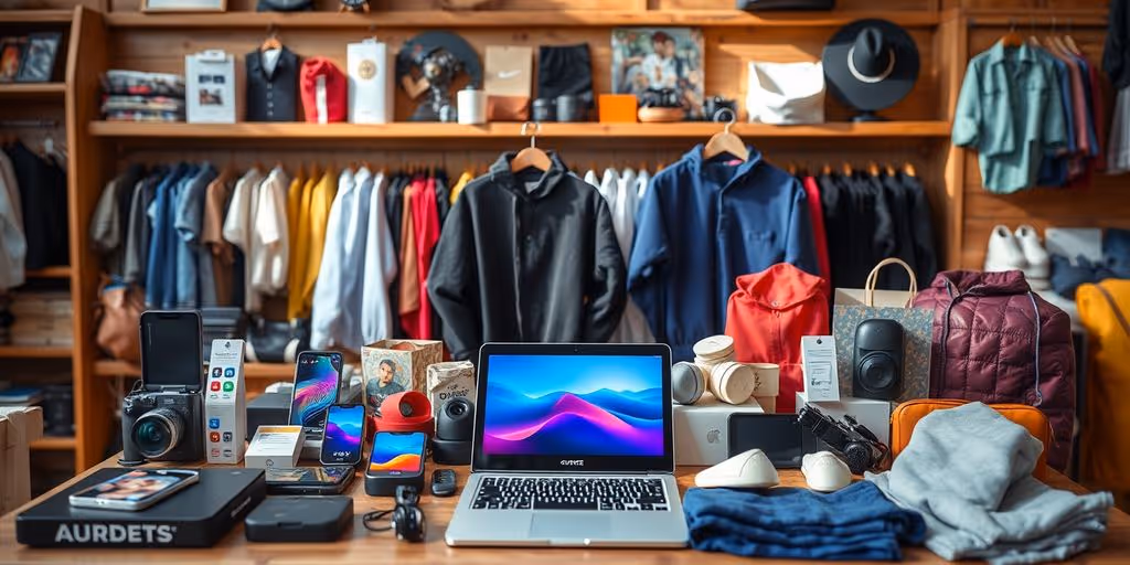 Colorful assortment of products on a wooden table.