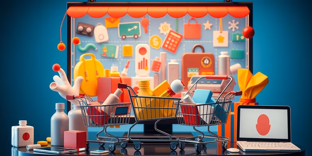 Colorful e-commerce products and shopping carts in a lively setting.