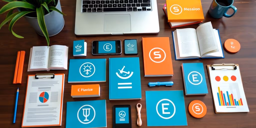 Colorful printable digital products on a desk with a laptop.