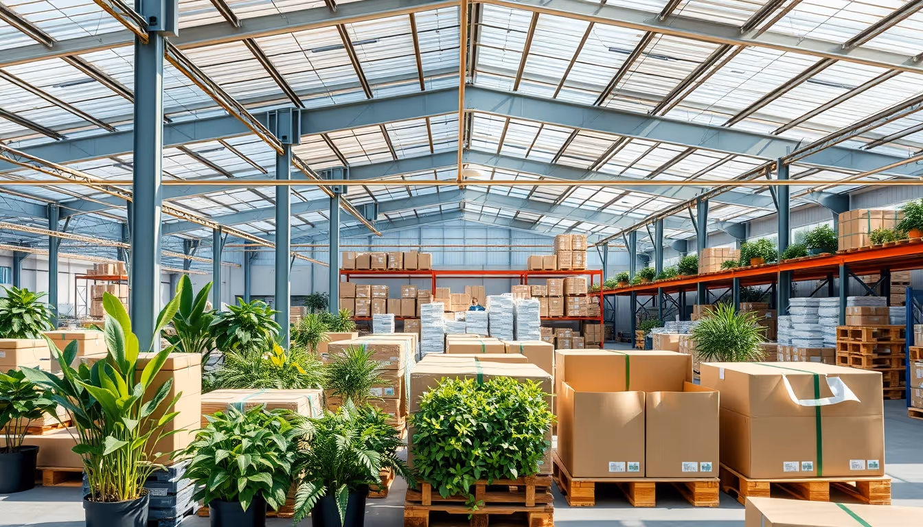 Sustainable dropshipping warehouse with eco-friendly features.