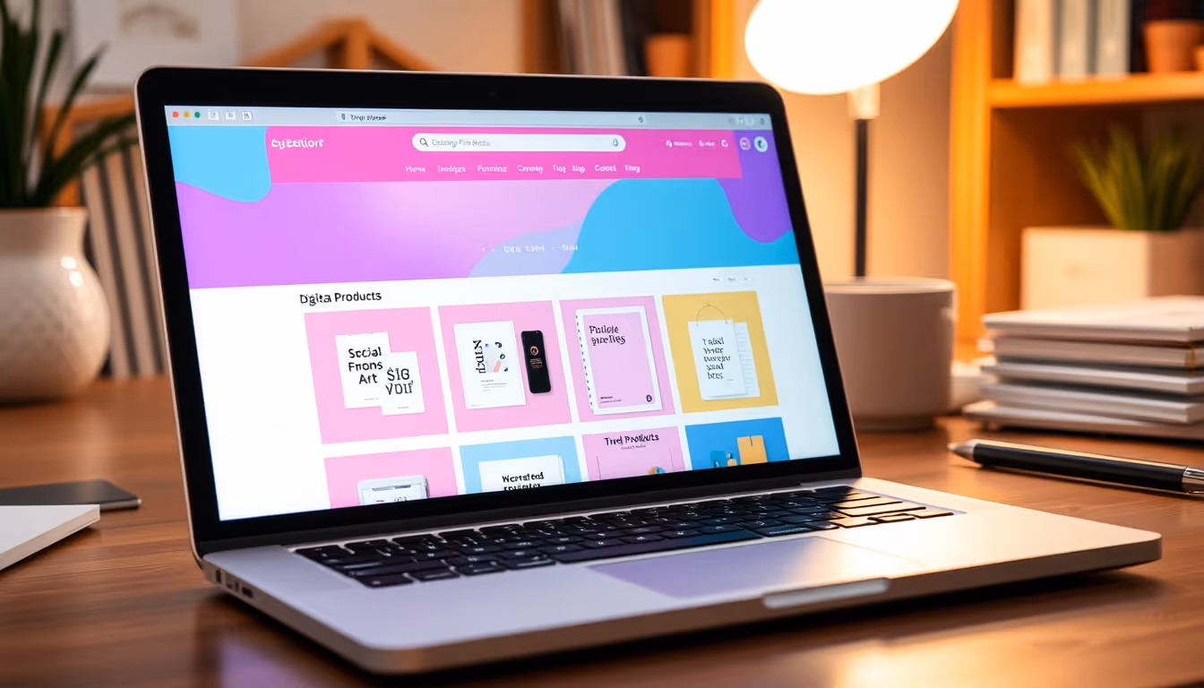 Laptop showing a digital products store with various items.