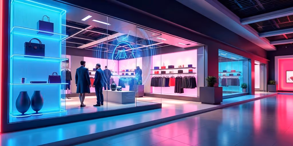 Futuristic e-commerce digital storefront with holographic displays and products.
