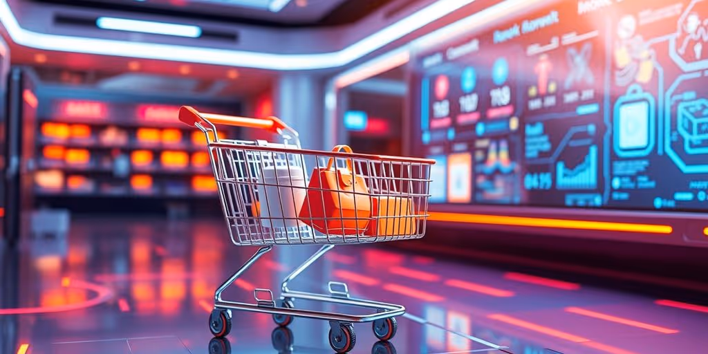 Futuristic e-commerce scene with digital shopping elements.